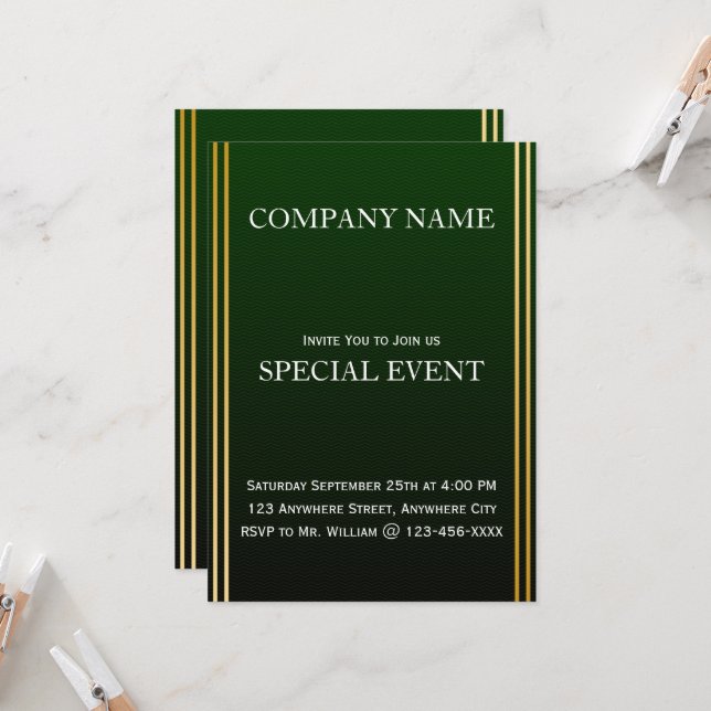 Gloden Frame Green Corporate Party Invitation Card (Front/Back In Situ)