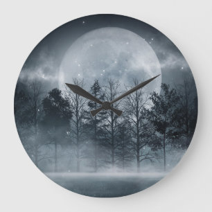 Gloomy Dark Forest: Moonlit Scene Large Clock