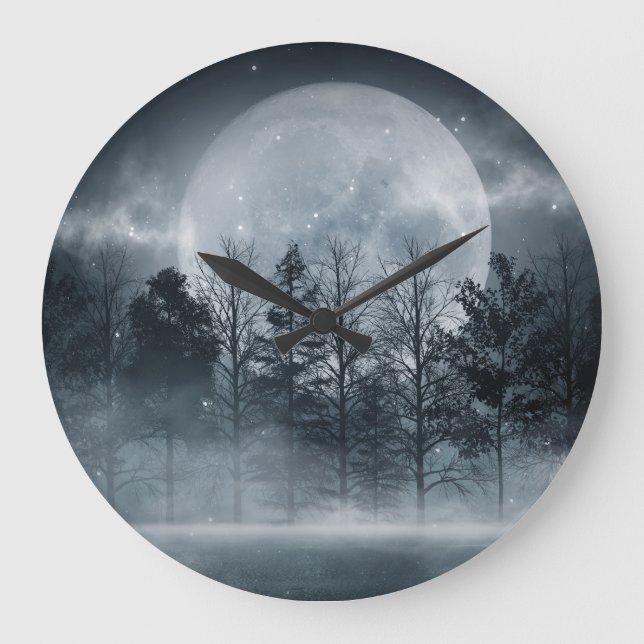 Gloomy Dark Forest: Moonlit Scene Large Clock (Front)