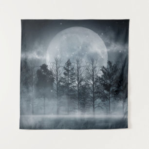 Gloomy Dark Forest: Moonlit Scene Tapestry
