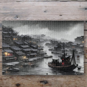 Gloomy skies over a Chinese fishing village Jigsaw Puzzle