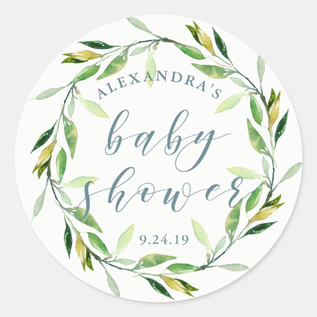 Glorious Greenery | Baby Shower Classic Round Sticker (Front)