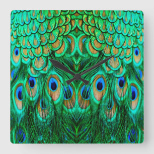 Glorious Peacock Feathers Square Wall Clock