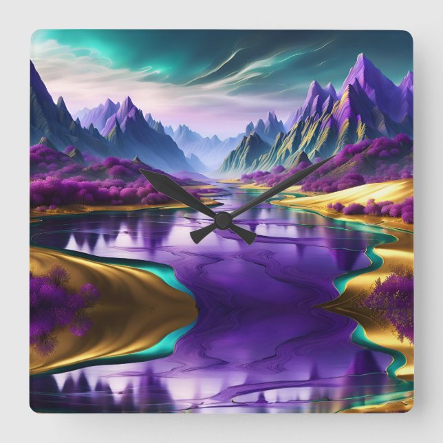 Glorious Purple and Gold Landscape Square Wall Clock (Front)
