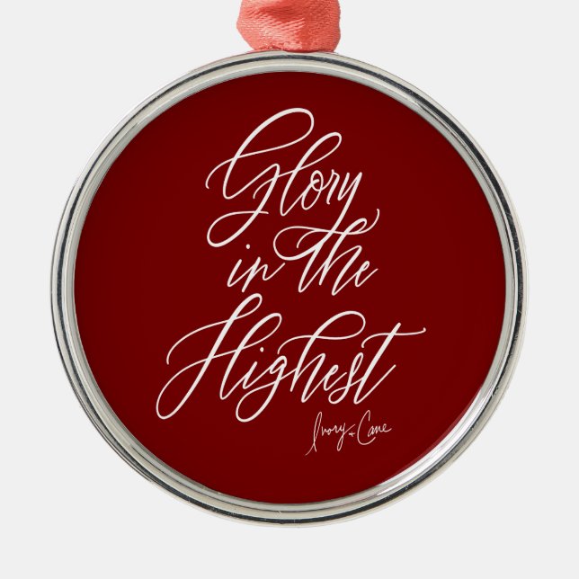 Glory in the Highest Red and White Round Christmas Metal Ornament (Front)