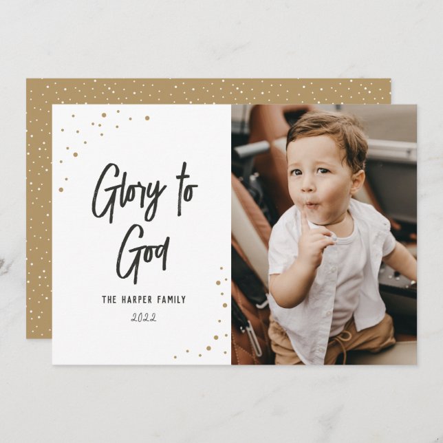 Glory to God Black Gold Snow Script Photo Holiday Card (Front/Back)