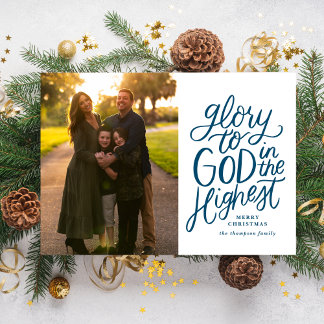Glory To God Christmas Photo Card Navy Blue