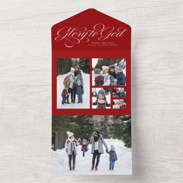 Glory to God Christmas photo collage red religious All In One Invitation (Inside)