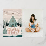 Glory to God. Church Religious Christmas gold Foil Holiday Card<br><div class="desc">Gold Religious Christmas Holiday photo Card "Glory to God" with cute snow winter woodland church in pink blush green colours.</div>