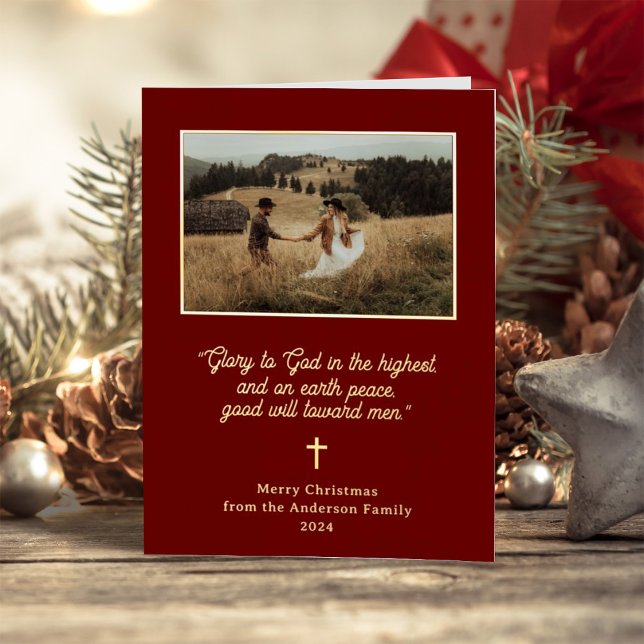 Glory to God | Dark Red Two Photo Christmas Gold Foil Holiday Card (Creator Uploaded)