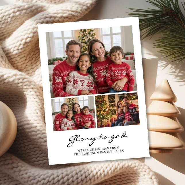 Glory to God  Elegant Christmas 3family Photo card (Creator Uploaded)