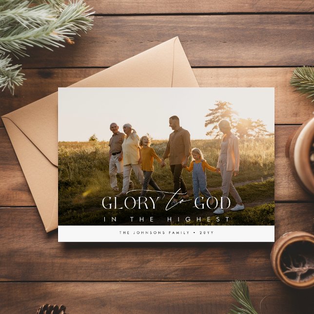 Glory To God Elegant Religious Photo Christmas Holiday Card (Front)