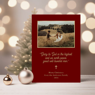 Glory to God   Faux Gold and Photo Red Christmas Holiday Card