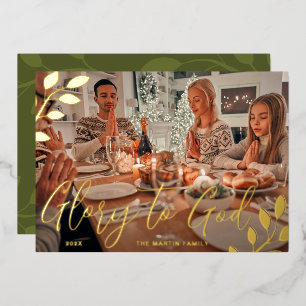 Glory to God Green Botanical Christmas Photo Foil Holiday Card