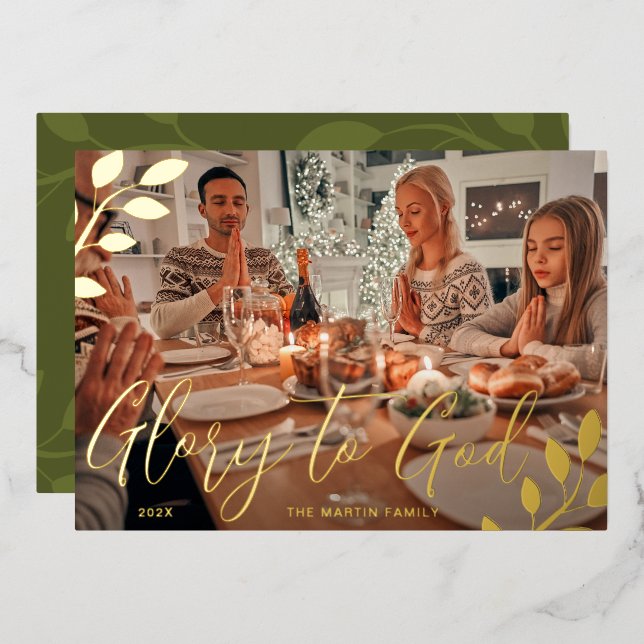 Glory to God Green Botanical Christmas Photo Foil Holiday Card (Front/Back)