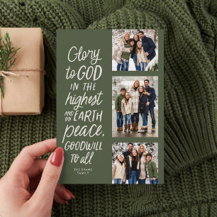 Glory to God green three photo religious Christmas Holiday Card