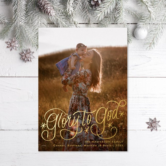 Glory to God Hand lettering Photo Foil Holiday Card (Creator Uploaded)