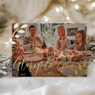 Glory to God Ivory Botanical Christmas Photo Foil Holiday Card
