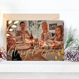Glory to God Ivory Botanical Christmas Photo Foil Holiday Card