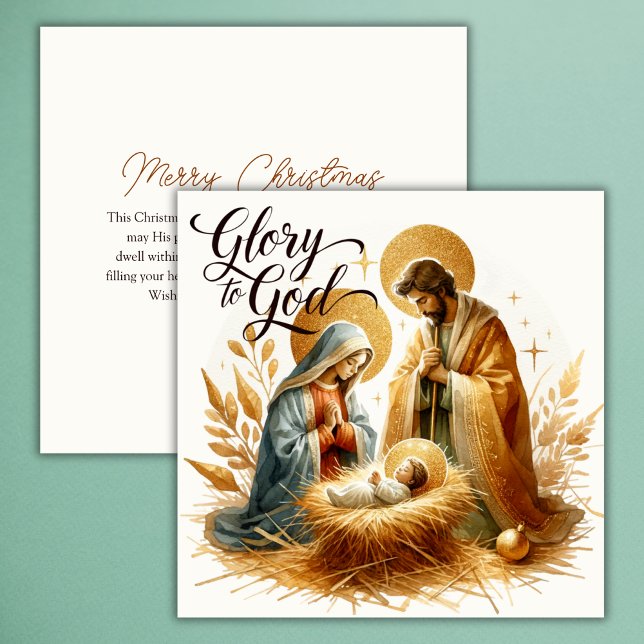 Glory to God Nativity Gold Religious Christmas Holiday Card (Glory to God Nativity Scene Christmas Card • Gold Halo Art )