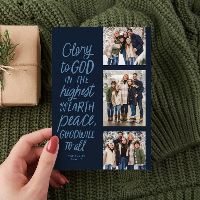 Glory to God navy three photo religious Christmas Holiday Card (Creator Uploaded)