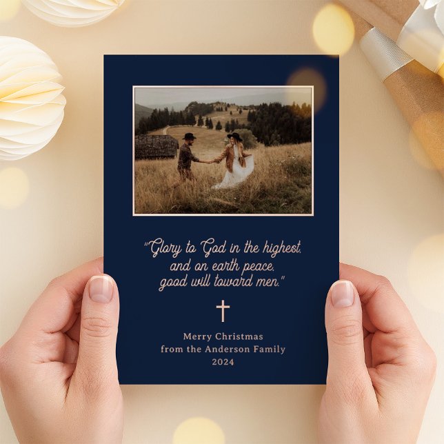 Glory to God | Photo Christmas Navy and Rose Gold Foil Holiday Card (Creator Uploaded)