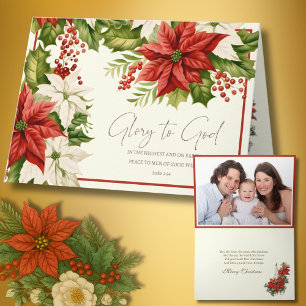 Glory to God Poinsettia Christmas with Rosary Inte Holiday Card