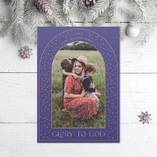 Glory to God Purple Gold Stars Holiday Card