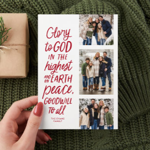 Glory to God red three photo religious Christmas Holiday Card