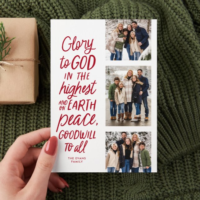 Glory to God red three photo religious Christmas Holiday Card (Creator Uploaded)