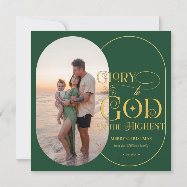 Glory to God Religious 2 Photo Script Christian Holiday Card (Front)