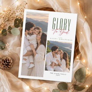 Glory To God Religious Modern Two Photo Christmas Holiday Card