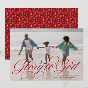 Glory to God religious one photo red Christmas Holiday Card