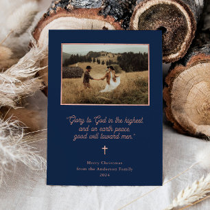 Glory to God Rose Gold and Navy Photo Christmas Holiday Card