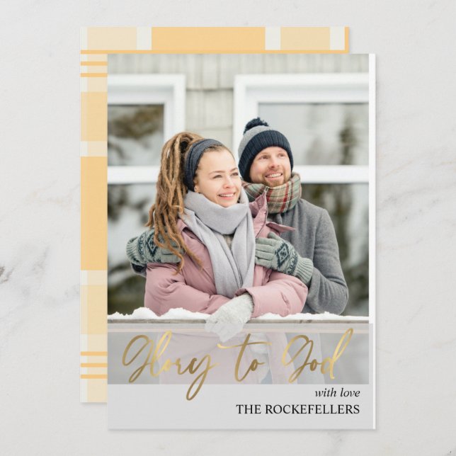 Glory to God Script Christmas Mustard Plaid Photo Holiday Card (Front/Back)