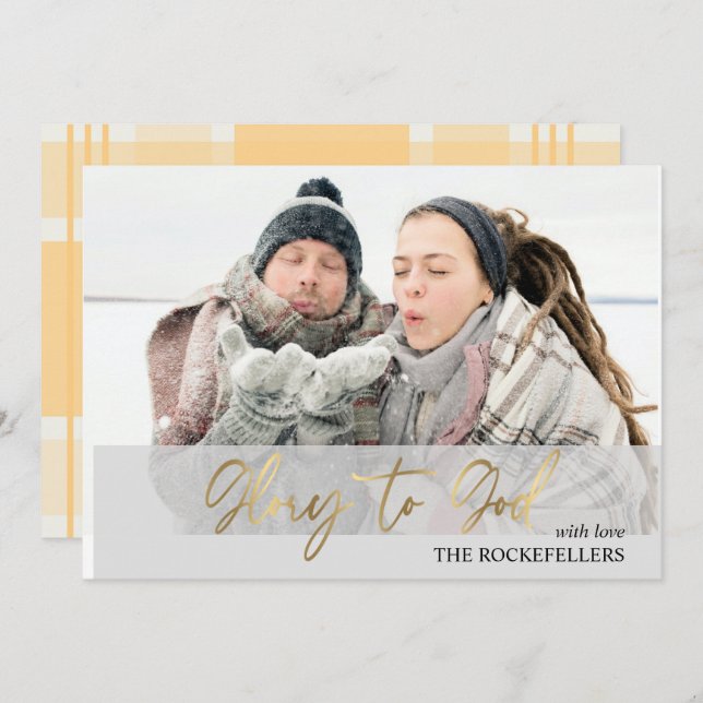 Glory to God Script Christmas Mustard Tartan Photo Holiday Card (Front/Back)