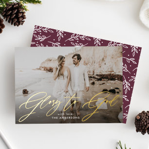 Glory to God Script Overlay Religious Photo Foil Holiday Card