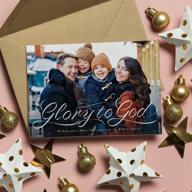 Glory to God script religious photo Christmas Holiday Card (Creator Uploaded)