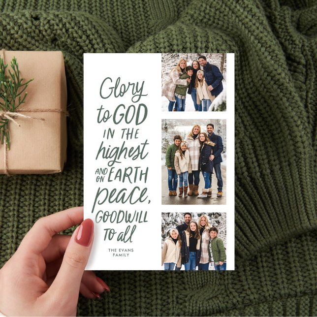 Glory to God three photo religious Christmas green Holiday Card (Creator Uploaded)
