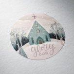 Glory to God. Winter church Religious Christmas Classic Round Sticker<br><div class="desc">Religious Christmas Holiday Sticker "Glory to God" with cute snow winter woodland church in pink blush green colours.</div>