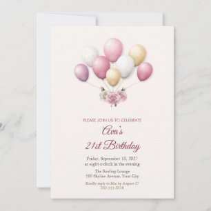 Glossy Balloons and Roses 21st Birthday Invite