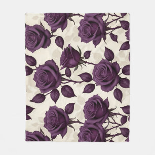 Glossy Dark Purple Roses On A Ivory Back Fleece Blanket