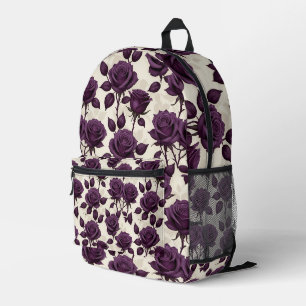 Glossy Dark Purple Roses On A Ivory Backgroun Printed Backpack