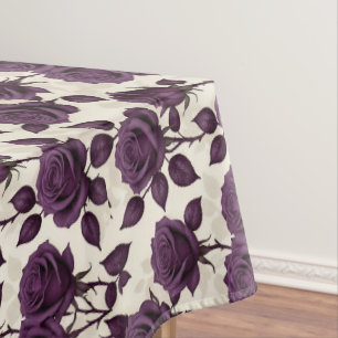 Glossy Dark Purple Roses On A Ivory Backgroun Tablecloth