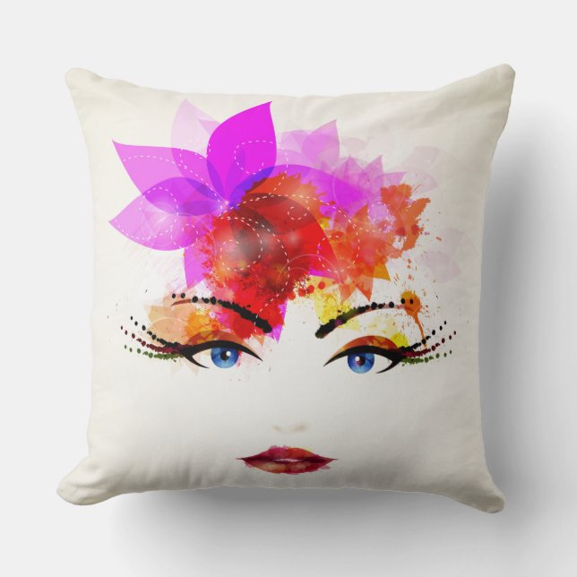 Glossy floral Girl Face Throw Pillow (Front)