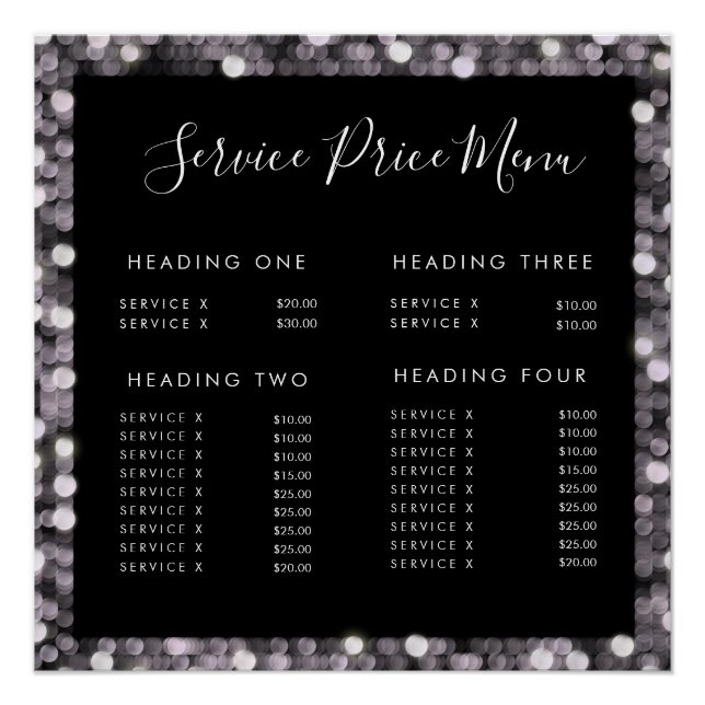 Glossy Glam Service Price List Menu Editable Print (Front)