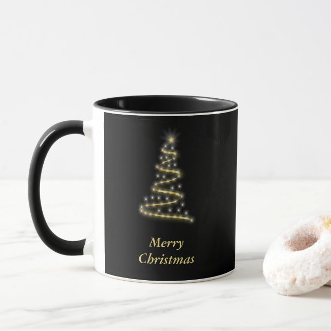 Glossy gold Christmas tree black Mug (With Donut)
