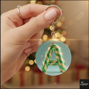 Glossy Green Gold Glitter Striped Letter A Key Ring