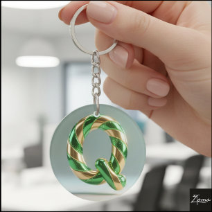 Glossy Green Gold Glitter Striped Letter Q Key Ring