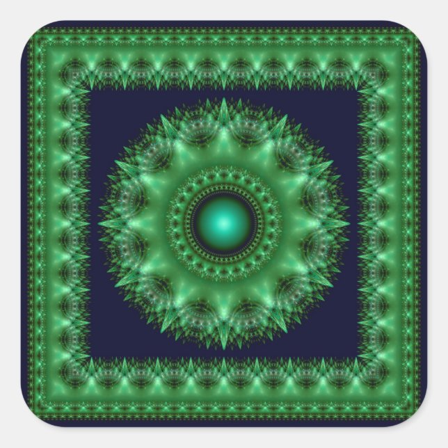 Glossy green radiating mandala square sticker (Front)